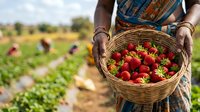 Female farmer of African descent holding wicker basket filled with fresh red strawberries in agricultural field during harvest season for farming and food production.