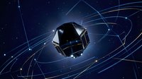 Geometric metallic sphere with glowing light rays and digital network connections on dark blue background, representing technology and innovation.