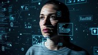 Young Caucasian man with digital data projections on face representing artificial intelligence, machine learning and futuristic technology concepts.