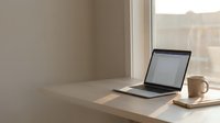 Laptop computer on wooden desk by window with coffee mug in bright, minimalist workspace. Suitable for business, remote work, and productivity concepts.
