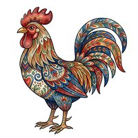 Ornamental rooster with intricate decorative patterns in warm tones, isolated on white background. Suitable for clipart, t-shirt designs, and textile applications.