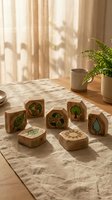 Wooden blocks with eco-friendly symbols on marble table in sunlit room with plant and coffee cup for sustainable living concepts.