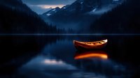 Glowing wooden canoe floating on misty mountain lake at dusk, illuminated from within against dark moody landscape and snow-capped peaks reflected in calm waters.