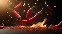 Fresh red chili peppers falling with spice powder and flames against dark background, dynamic food photography with motion blur and bokeh light effects.