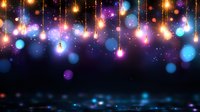 Magical glowing light bulbs and bokeh effects on dark background create dreamy atmosphere with blue and purple colors for festive designs.