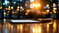 Digital tablet and stylus pen on wooden table with blurred city lights bokeh background at night, modern business workspace atmosphere.