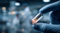 Gloved hand holding transparent capsule with glowing orange substance in laboratory setting, demonstrating pharmaceutical research or medical testing.