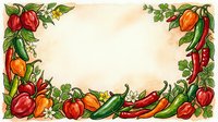 Red and orange peppers with green chili peppers and leafy vines frame a cream background, creating an isolated border design suitable for menus, recipe cards, and culinary branding.