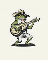 Cartoon frog in cowboy hat playing banjo, wearing white overalls. Fun country music character mascot on isolated background for logo and merchandise design.