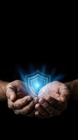 Hands holding glowing shield symbol with blue light energy, representing security, protection, and digital safety for business and technology concepts.