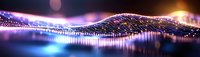 Glowing digital wave with colorful light particles flowing in dark space, creating futuristic technology visualization for tech backgrounds.