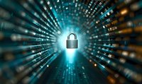 Digital padlock surrounded by binary code and glowing light rays in cyberspace, representing network security and data protection in modern technology.