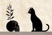 Black cat silhouette sitting next to human skull with botanical branch on beige textured background for Halloween decoration and spooky themed designs.