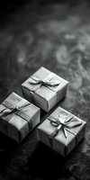 Elegant silver gift boxes with shimmering ribbons arranged on dark textured surface in moody monochrome composition. Luxury holiday presents concept.