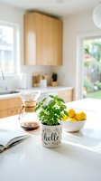 Fresh basil plant in a decorative hello pot on a bright white kitchen counter with lemons, coffee maker, and open cookbook in sunlight.