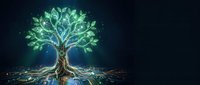 Glowing magical tree with luminous green leaves and intricate root system on dark background for fantasy and nature concepts.