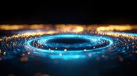 Glowing blue circular light trail with bokeh effects on dark background creates futuristic technology concept for business and science presentations.