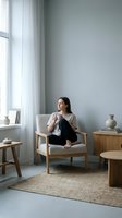 Young woman relaxing in modern minimalist living room with coffee cup, sitting in wooden armchair by window with natural light and neutral decor.
