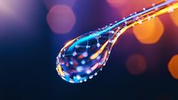 Macro photography of water drop with colorful bokeh lights reflecting and refracting through crystal clear liquid, creating magical atmospheric effect.
