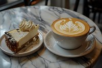 Delicious coffee break setting with creamy latte art rosetta pattern and slice of layered cheesecake dessert served on marble table in modern cafe atmosphere.