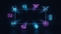 Digital technology network frame with glowing neon icons on dark background for business presentations and tech concepts.