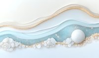 Abstract winter landscape with layered paper cut effect featuring white spheres and golden glitter on turquoise background, modern minimal wall art design.