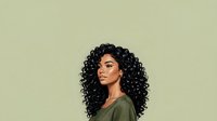 Young woman with long curly black hair and olive skin tone wearing olive green shirt against neutral beige background, suitable for beauty, fashion, and lifestyle design projects.