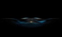 Abstract digital wave pattern with glowing blue light effect on black background, featuring dynamic lines creating futuristic horizon perspective.