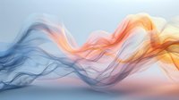 Ethereal waves of orange and blue smoke create dynamic flowing lines against soft gradient background, abstract artistic composition for modern design projects.