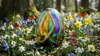 Colorful iridescent Easter egg nestled among spring wildflowers and blooming plants in a sunny garden setting, perfect for holiday and seasonal designs.