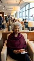 Smiling senior African American woman with curly gray hair sitting in airport lounge holding boarding pass and passport ready for travel departure.