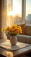 Yellow daisies in white ceramic vase on wooden table at sunset, warm sunlight through window creates cozy atmosphere with beige sofa and curtains in background.