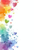Vibrant rainbow watercolor hearts and splashes on white background, creating colorful border for wedding invitations, Valentine's cards, or LGBTQ+ celebration designs.