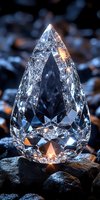 Sparkling teardrop crystal with intricate facets catching light and creating rainbow reflections, set against dark stones with warm glowing highlights.