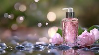 Pink glass cosmetic bottle with rose petals and water drops against blurred bokeh background, creating luxurious spa atmosphere for beauty product photography.