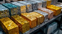 Colorful glittery soap bars arranged in rows on dark surface. Handmade artisanal bath products in gold, silver, turquoise and copper tones showcase luxurious textures and sparkle.