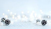 Winter holiday background with pine cones on snowy surface and warm bokeh lights creating festive atmosphere for seasonal greeting cards.