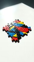 Colorful puzzle pieces assembled together on white surface, representing teamwork, problem solving, and collaboration for business and educational concepts.