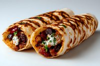 Grilled Mediterranean wrap filled with falafel, cherry tomatoes, olives and feta cheese, garnished with fresh herbs on white background. Vegetarian street food.