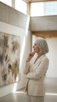 Elegant senior woman with gray hair in beige suit contemplating artwork in modern gallery space with natural lighting for cultural and lifestyle concepts.
