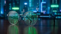 Eyeglasses with digital matrix code reflection on lenses against futuristic cyber cityscape background for technology and programming concepts.