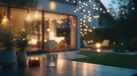 Cozy evening patio setting with string lights and glowing bulbs creating warm ambiance, outdoor furniture and potted plants visible at dusk.