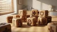 Wooden cubes with engraved healthcare and medical icons arranged on a table in warm sunlight, symbolizing health, wellness, and medical care concepts.
