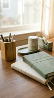 Organized wooden desk with bamboo pen holder, tape dispenser, notebooks and coffee cup by sunny window for productive workspace and office decor.