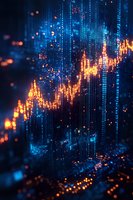Abstract digital visualization of financial market data with glowing orange graph line against blue technology background.