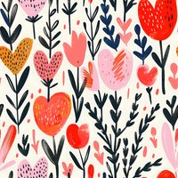 Seamless floral pattern with heart-shaped flowers in red, pink, and orange tones against navy stems. Romantic folk art style repeating design for fabric and paper.