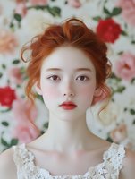 Young redhead woman with elegant updo hairstyle and natural makeup against romantic floral background for beauty and wedding concepts.