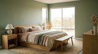 Modern minimalist bedroom interior with sage green walls, natural wood furniture, neutral bedding and warm sunlight streaming through large windows.