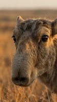 Close-up portrait of saiga antelope face with distinctive inflated nose in golden sunset light on steppe grassland during wildlife photography safari.