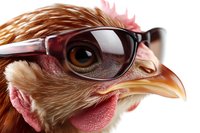Funny close up portrait of brown chicken wearing sunglasses against white background, humorous farm animal concept for social media and advertising.